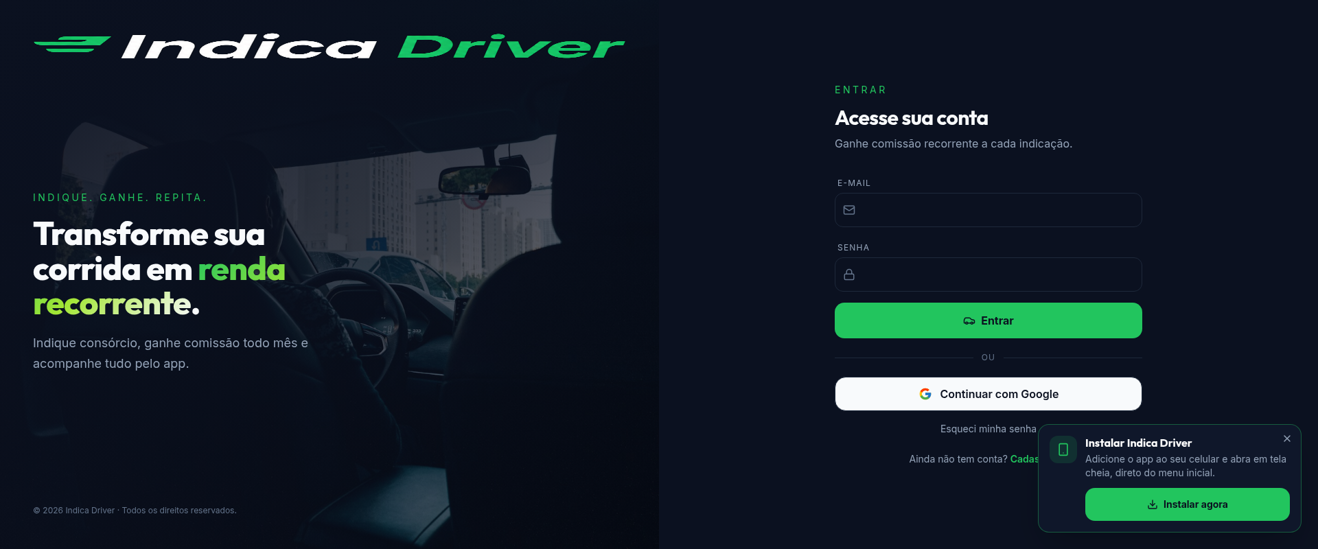 Indica Driver — Sistema web + dashboard desenvolvido pela Nexus